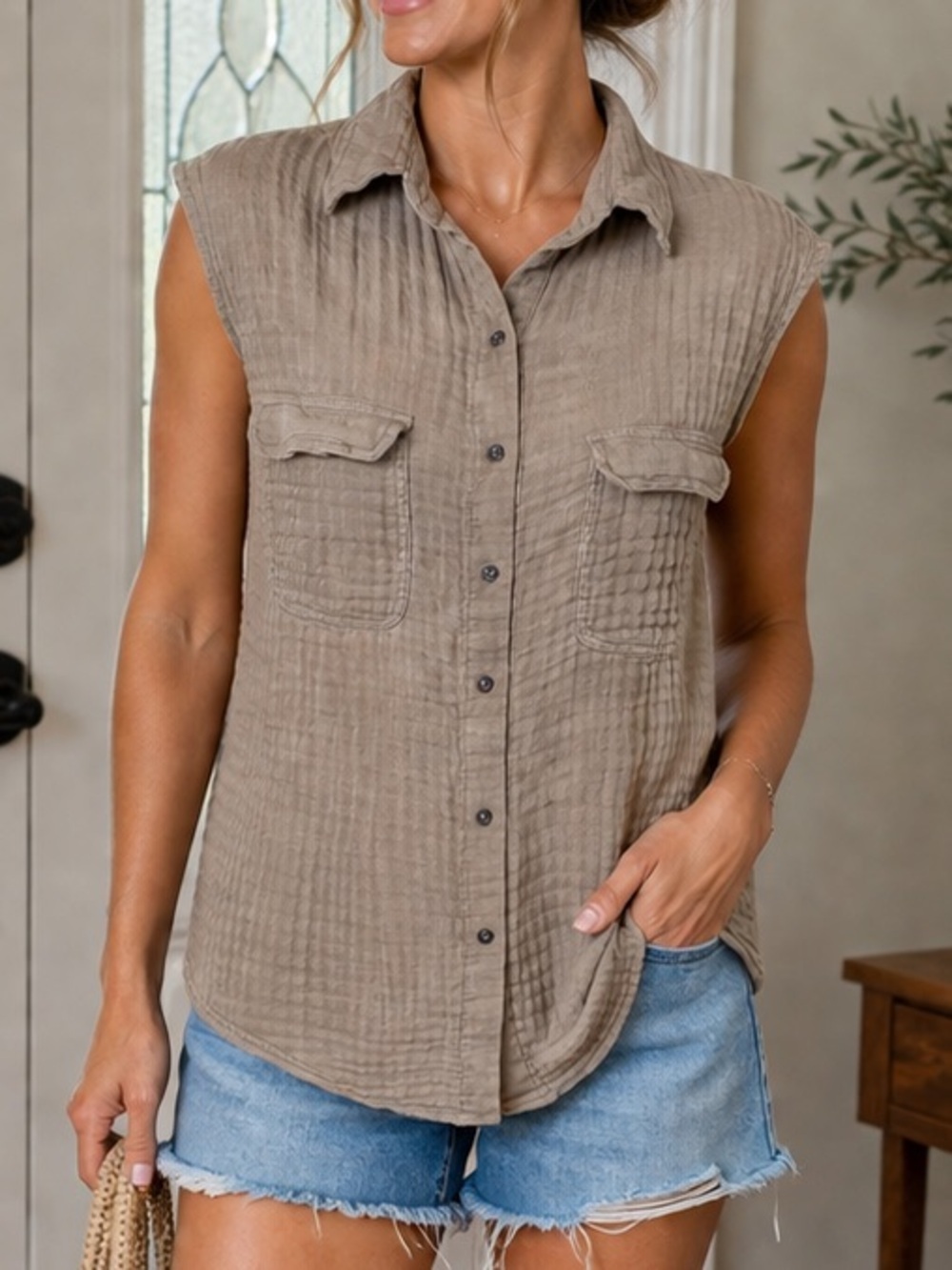 Free People Gauze Button Front Sleeveless Small Beige/Taupe Boho Utility Shirt